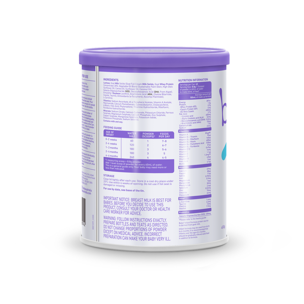 Bubs® Goat Milk Infant Formula Stage 1 400g Bubs Australia